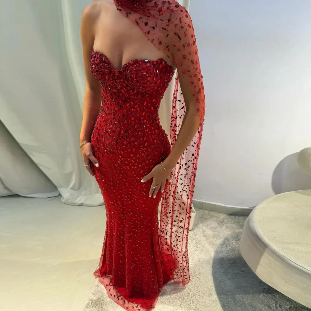 Vestidos De graduación sin mangas con purpurina De sirena roja personalizados, exquisitos con chal, Vestidos De Noche hasta el suelo, Noche Formal