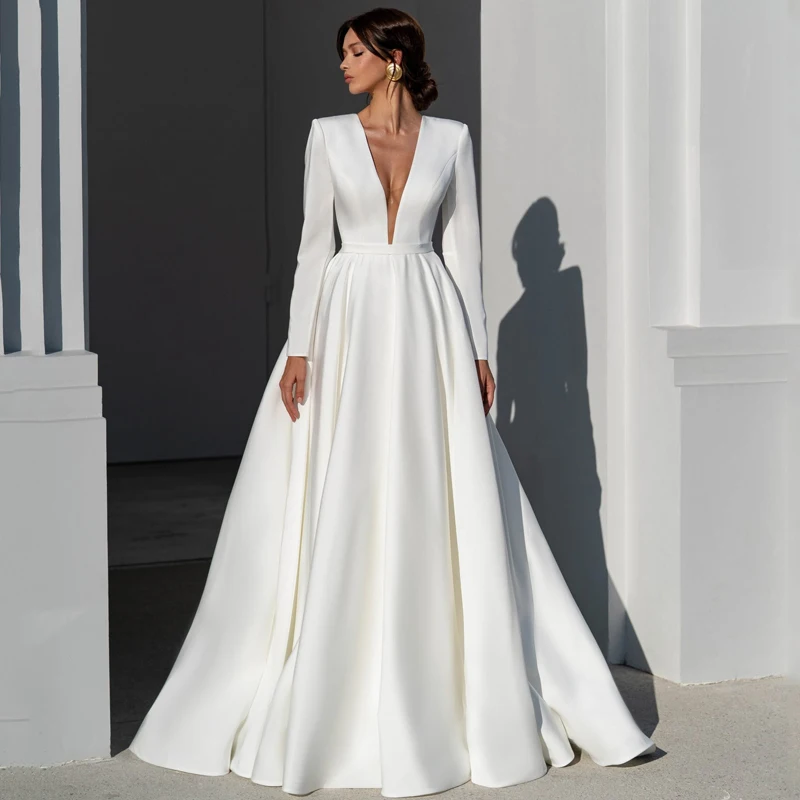 Customized Wedding Dress Deep V-Neck Long Sleeves A-Line Matte Satin Bridal Gown Design Floor Length for Brides