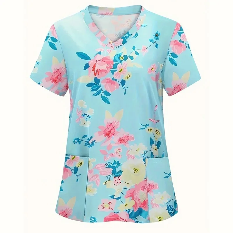 Women's printed medical workwear VShort-sleeved nursing top with pockets Summer Breathable Clinical Nurse UniformTShirt