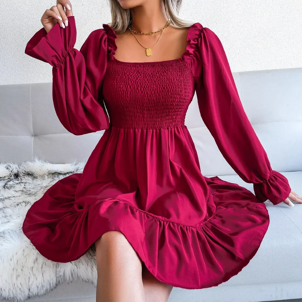 2022 New Spring And Autumn Women Fashion Long-Sleeved Square-Neck Skirt Solid Color Ruffle Dress Female Bohemian Dress