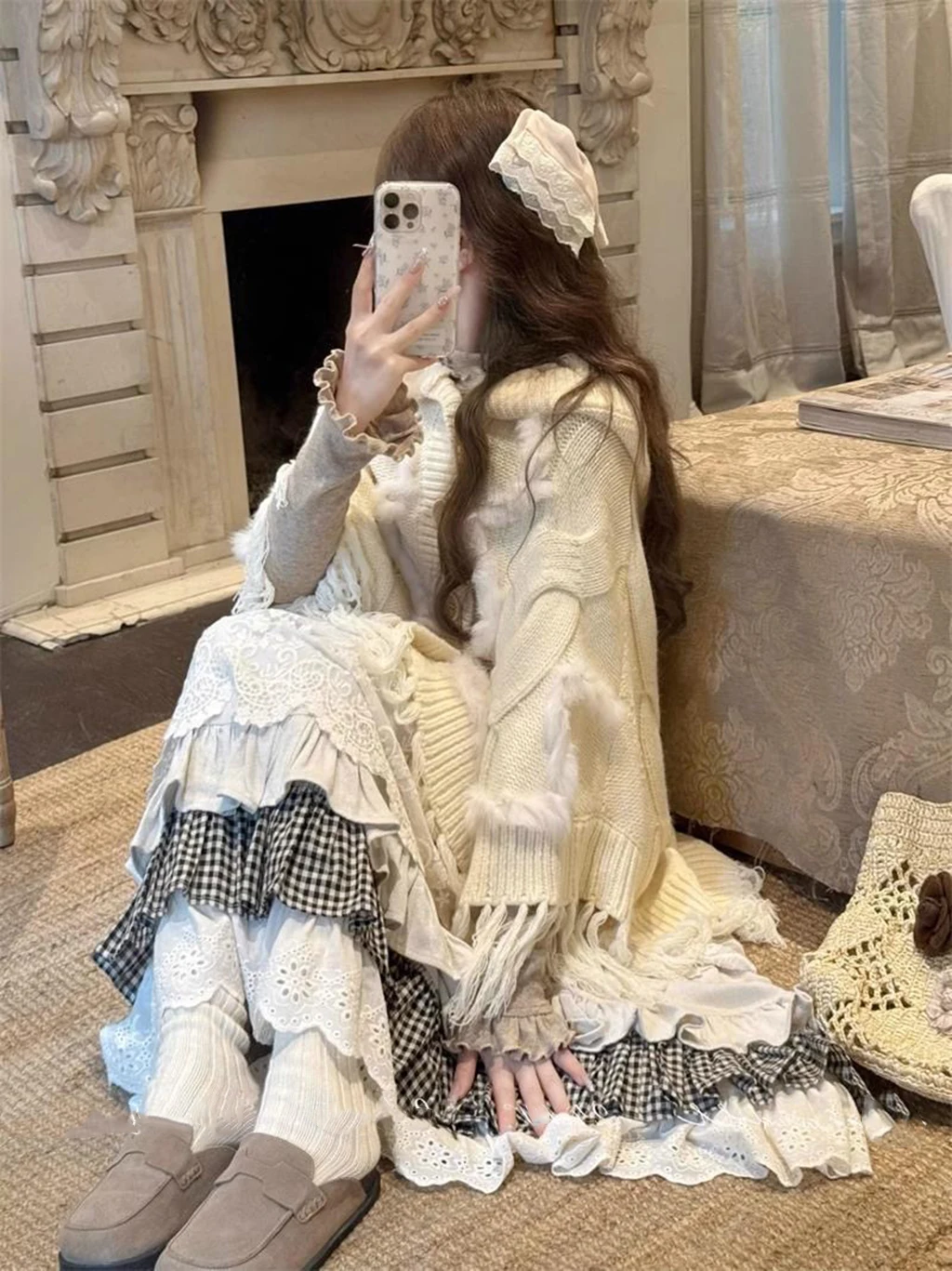 Women Sweet Vintage Mori Girl Style High Waist Splicing Plaid Long Skirt Winter New Korean Fashion Beige Lace Kawaii Maxi Skirts