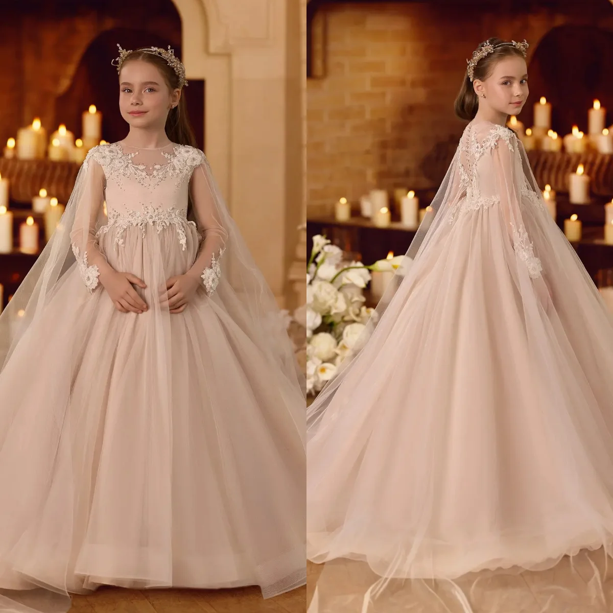 

Dusty Pink Flower Girl Dress with Wrap Lace Applique First Communion Dress Long Litter Princess Birthday Gowns Customized