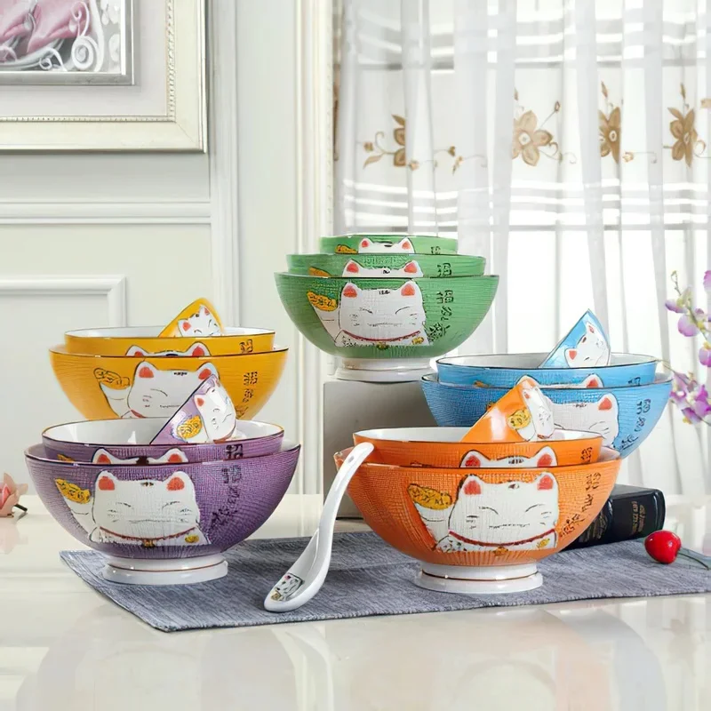 Ceramic High Bowl Multi-Sized Colorful Lucky Cat Soup Bowl Salad Bowl Underglaze Kitchen Household Tableware Children's Couple