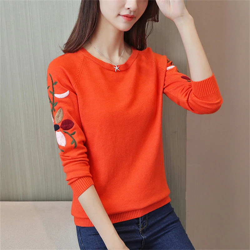 Women Clothing Spring Autumn Korean Embroidery Chic Basic Knitwear Trendy Female O Neck Long Sleeve Pullover Tops Casual Jumpers