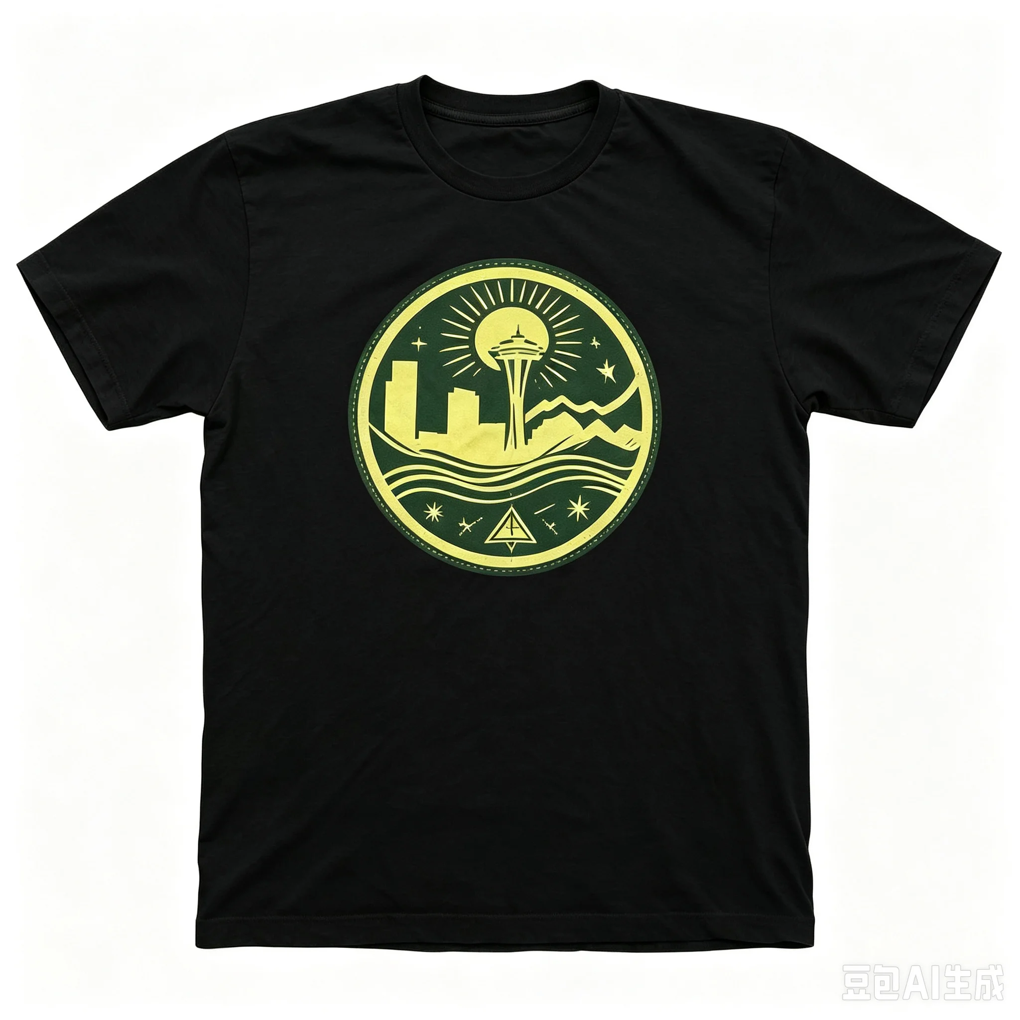 Seattle City Skyline Space Needle Graphic T-shirt Unisex Vintage Circle Badge Crew Neck Tee