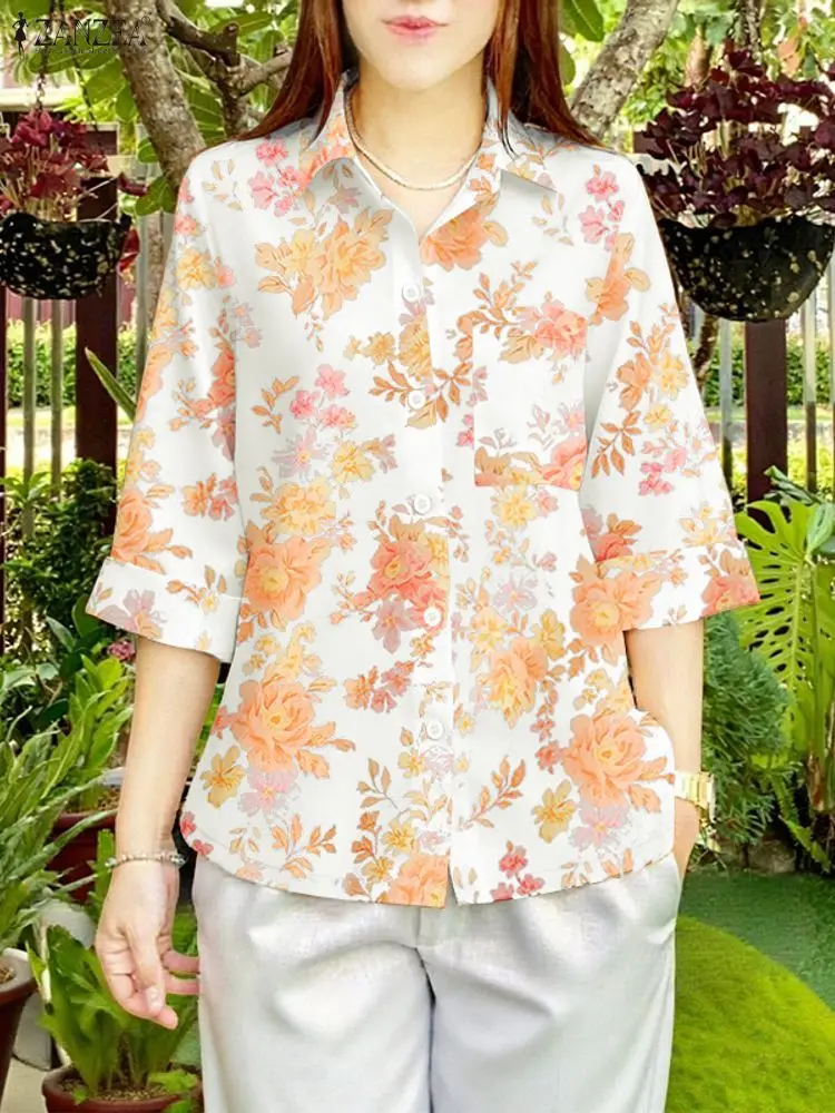 ZANZEA Bohemian Bloemenprint Shirts Vrouwen 3/4 Mouw Casual Losse Blouse 2025 Mode Herfst Vintage Tuniek Tops Oversized Blusas