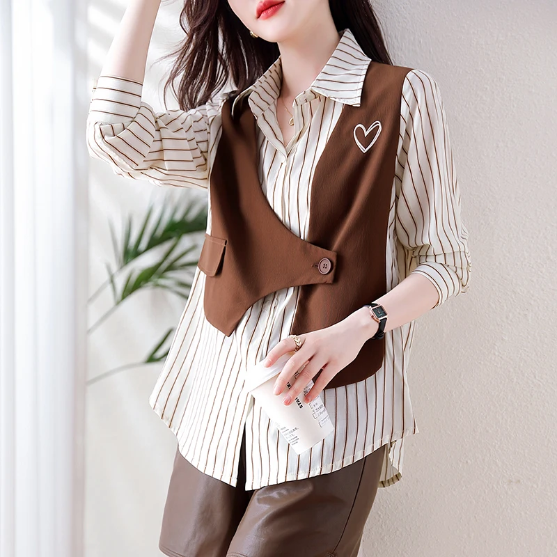QOERLIN Fashion Fake Two-Piece Embroidered Striped Blouse 2024 New Long Sleeve Turn-Down Collar Button Up Blouse Elegant Tops