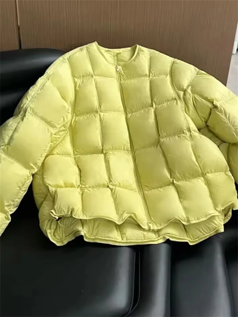 2025, Winter frauen Rundhals Leichte Stepp Plaid Unten Baumwolle Jacke Lose Warme Brot Mantel Koreanische Weibliche Parka Oberbekleidung