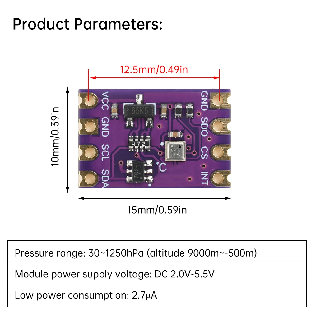 DC 2.0-5.5V BMP580 Atmospheric Pressure Temperature Sensor Module IIC SPI Compatible with BME280 BMP388 30~1250hPa