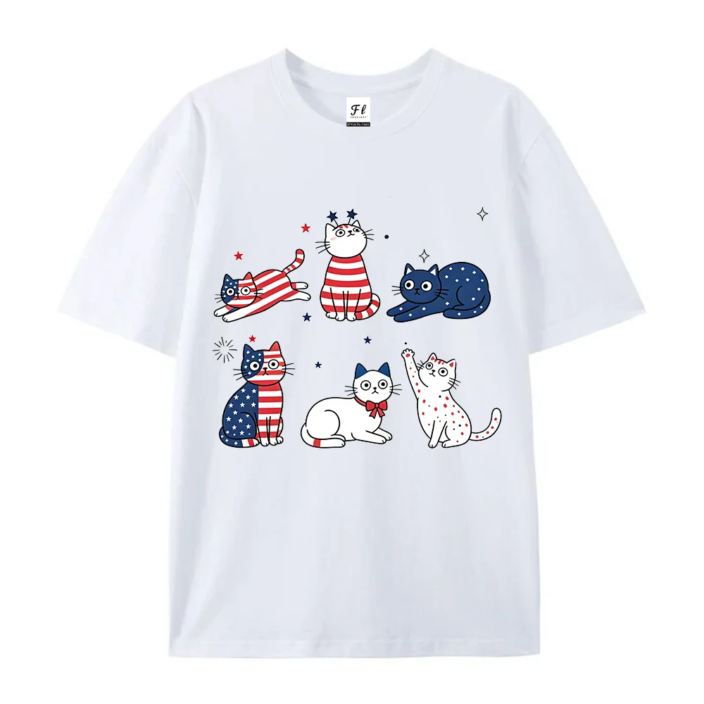 Funny Patriotic Cute Cat Comfort Color T-Shirt Cat Lover Gift 4th Of July Shirt US Flag Color Kitten Print Crew Neck Cotton Tee