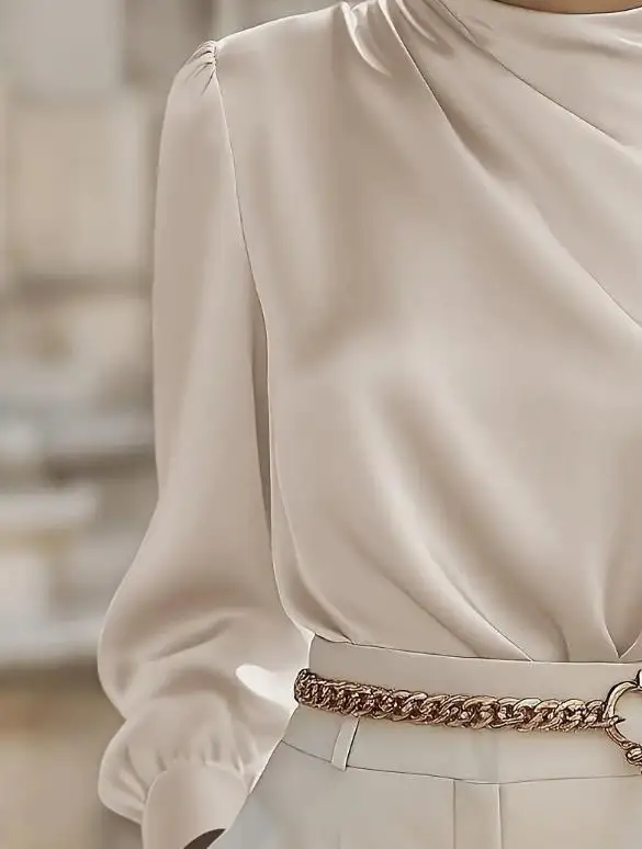 بلوزات نسائية أنيقة مزاجه التنقل الإناث الملابس اليومية بسيطة مطوي عالية الرقبة فانوس كم قميص علوي للنساء #4