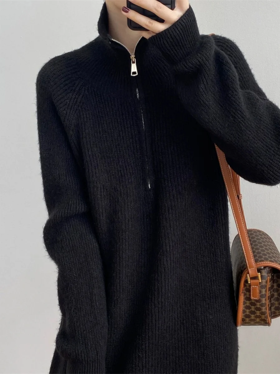 Long Sve محبوك Dr V-Ne Camere تقليد ناعم دافئ طويل Dr سحاب طوق تخفيف Sle عادي رقيق نقي C...