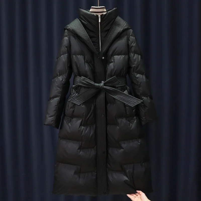 Women's down Jacket Autumn Winter New Fashion Slimming Belted Midi White Duck down Coat Long Sleeve Thickened Winter Coat