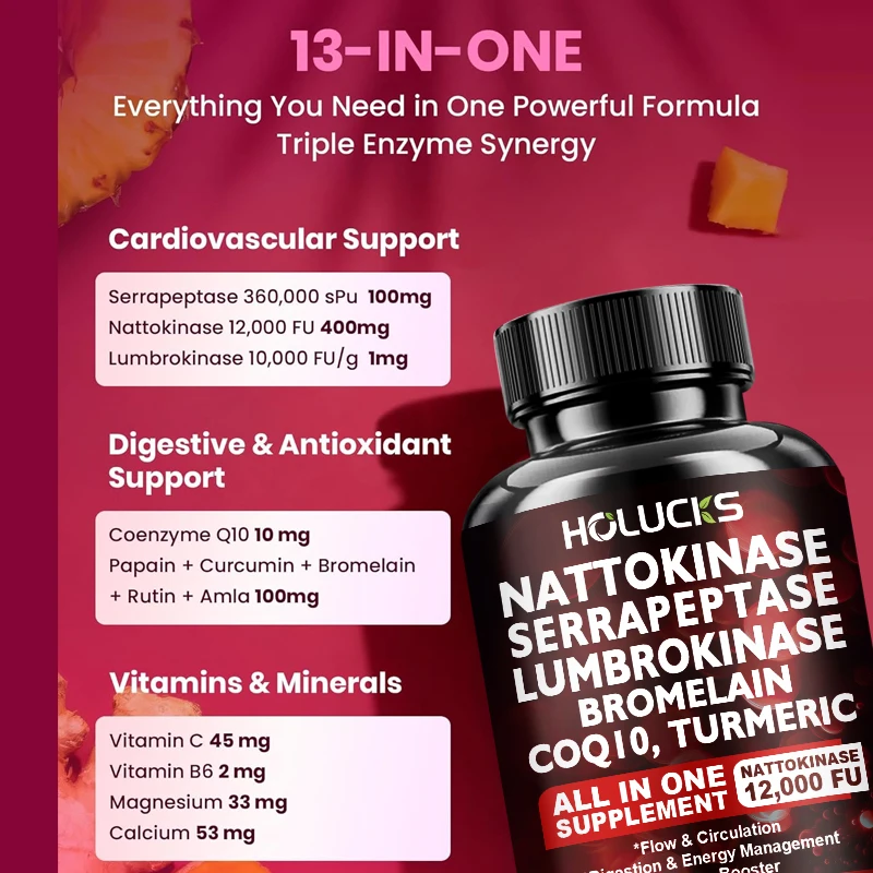 HOLUCKS All-in-One Nattokinase Capsules, with CoQ10 Turmeric, Support Cellular Energy, Circulation & Immune Function for Adults