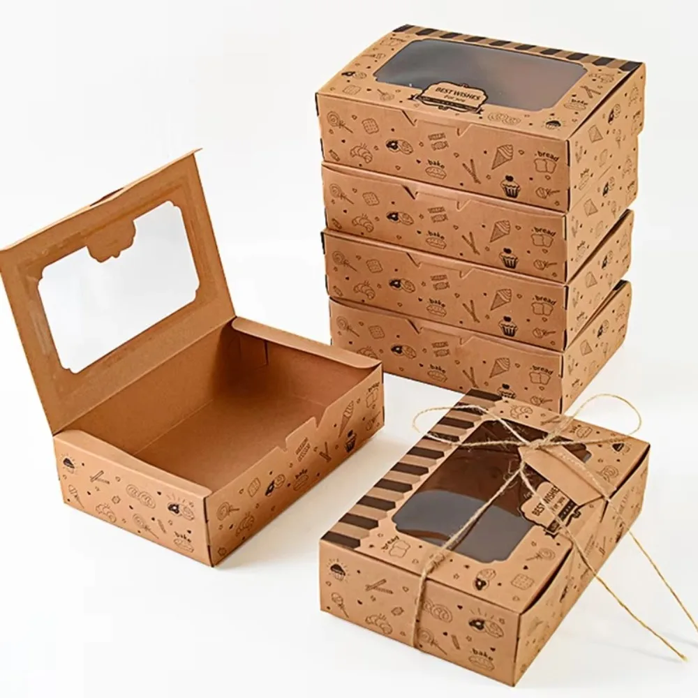 

12pcs Kraft Paper Dessert Cake Bakery Box Transparent Window with Rolls Rope and Stickers Candy Chocolate Packaging Box