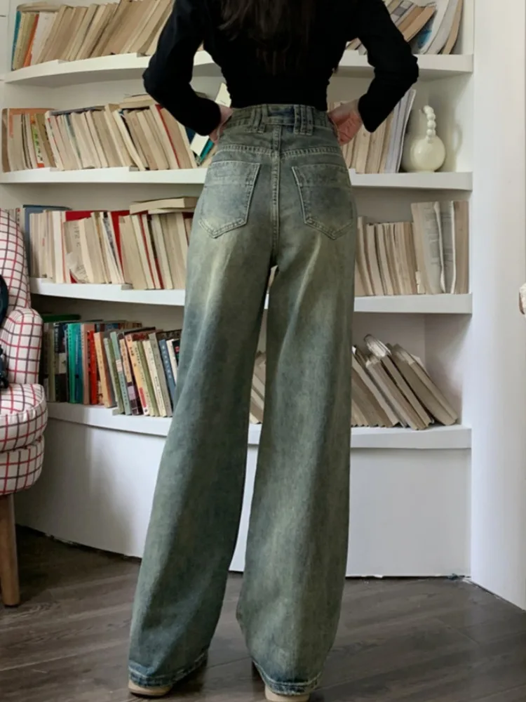 Jeans Women Slender Straight Washed Plus Velvet Thicker American Style Retro Denim High Waist Floor Length Autumn Winter Warm