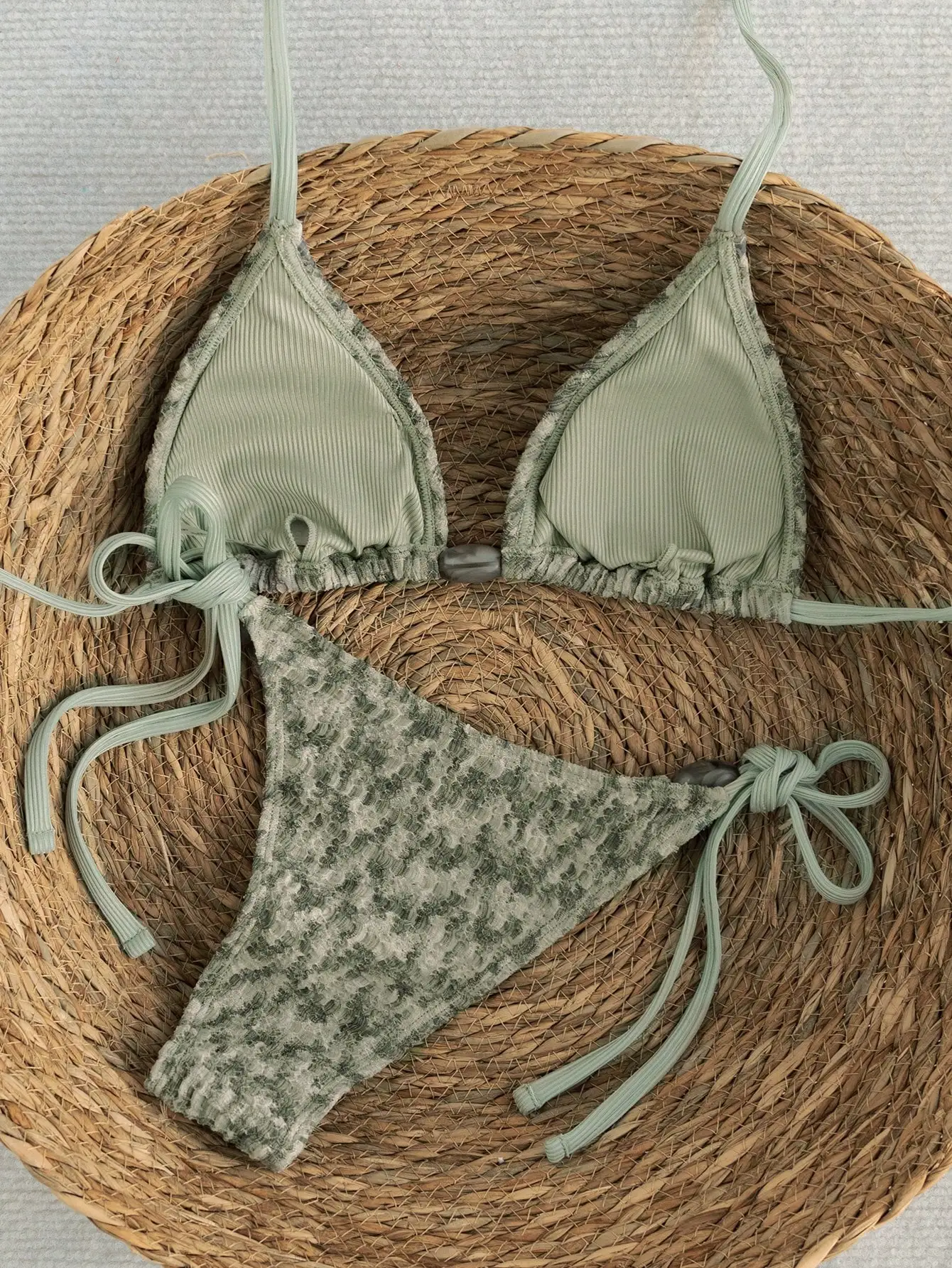 Mint Green Textured Halter Triangle Tie Side Bikini Set