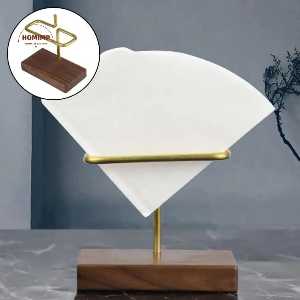 

Brass Material Coffee Filter Paper Holder Geometric Design Vertical Coffee Drip Paper Shelf Portable Wooden Base