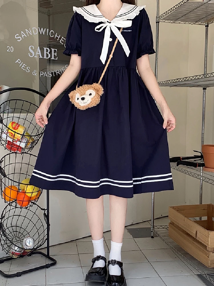 Japanese Mori Girly Preppy Style Lolita Fairy Women Dress Elegant Summer Sailor Collar Bow Waist Short Sleeve Mid-Calf Dresses