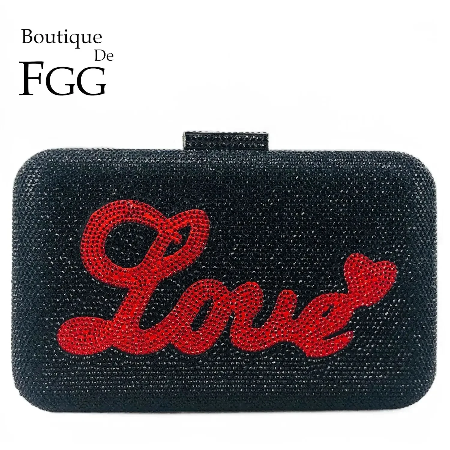 Boutique De FGG Luxury Crystal Evening Bags Women Black Red Heart and Love Clutch Purse for Wedding Bridal Rhinestone Handbags