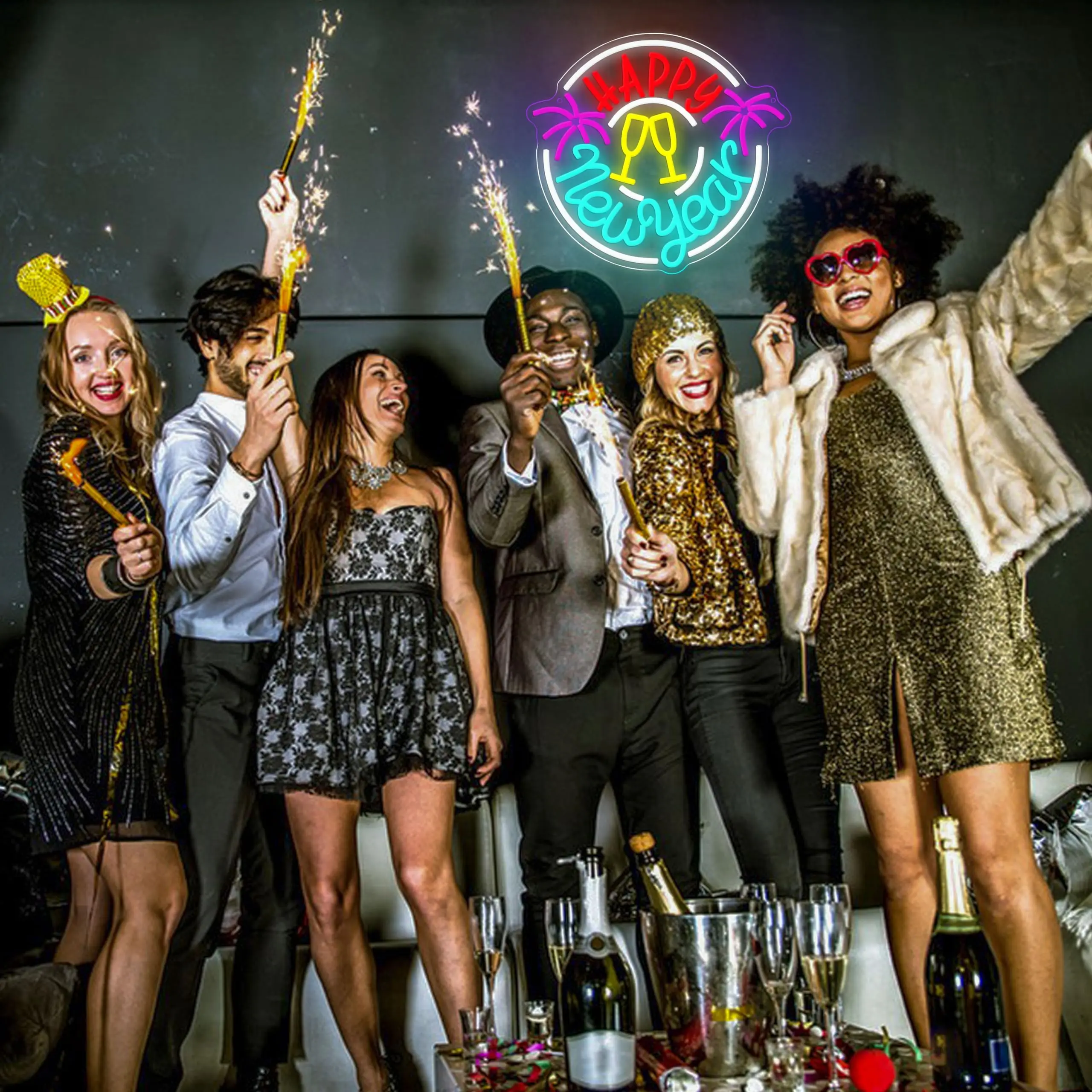 سنة جديدة سعيدة النيون تسجيل عكس الضوء الشمبانيا نظارات الألعاب النارية LED النيون تسجيل جدار ديكور ليلة رأس السنة الجديدة حفلة المنزل بار عطلة #5