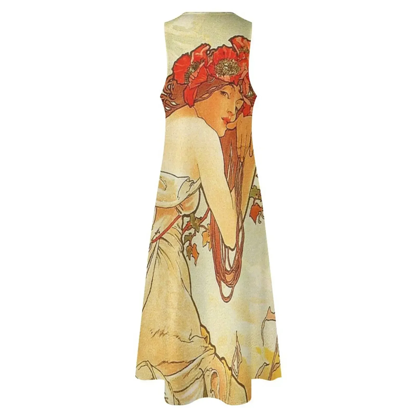 HD. Letnia suknia Alphonse'a Muchi (1896), długa sukienka w wysokiej rozdzielczości, luksusowa sukienka damska na przyjęcie, sukienka wieczorowa na bal maturalny.