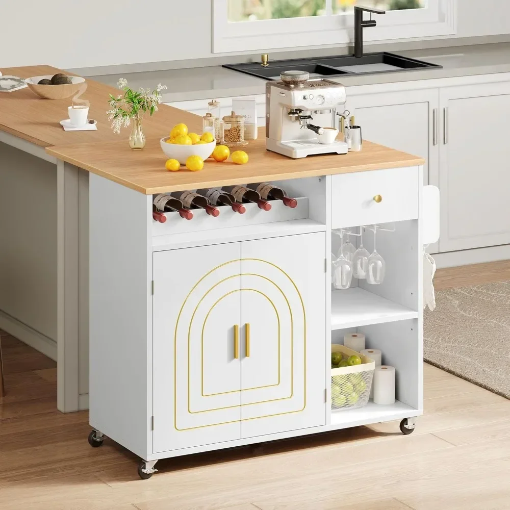 Kitchen Island with Folding Drop Leaf, Rolling Kitchen Cart with 2 Gilded Cabinet Doors, Kitchen Island Cabinet on Wheels