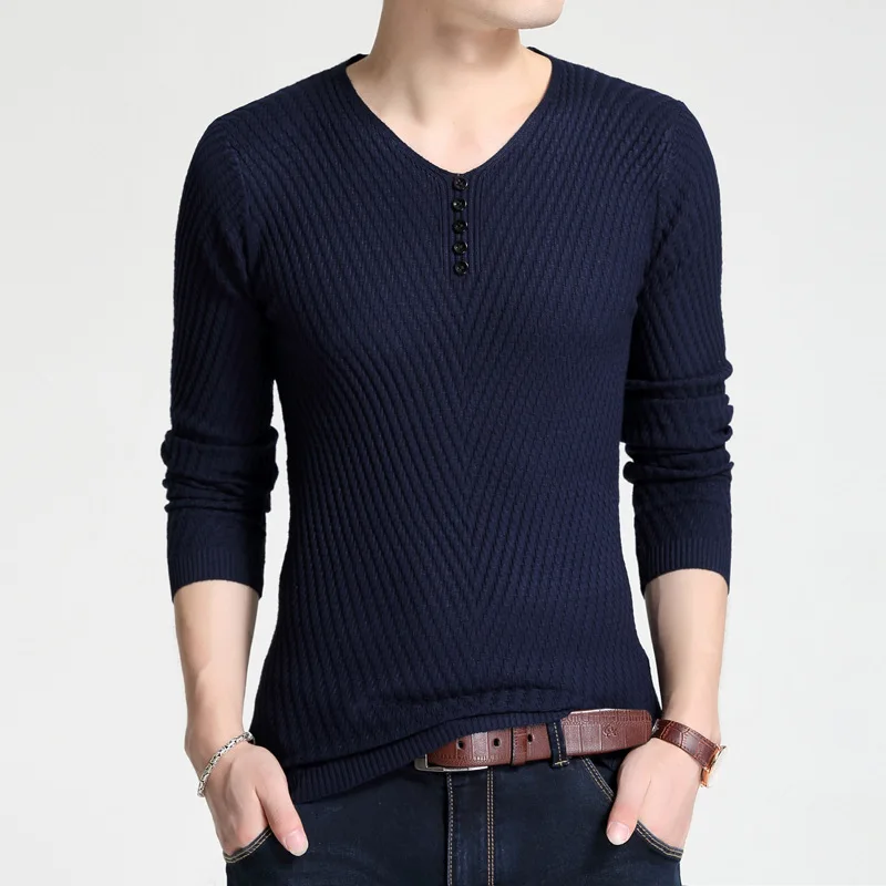 Liseaven Autumn Winter Men\'s Solid Color Sweater V-Neck Pullovers Mens Pull Homme Clothing Men Sweaters