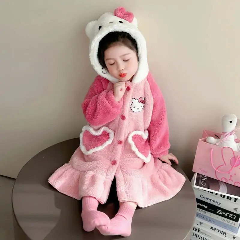 

Sanrio Hello Kitty Winter Robe Girl Hooded Keep Warm Long Style Pajamas Child Kawaii Anime Cartoon Fashion New Casual Homewear