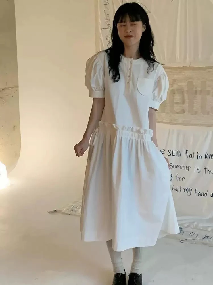 Süße Bubble Sve Patchwork Plissee ort Sve Dr Hohe Taille A-Linie Baumwolle Sommer Casual Single Button rund Ne Dr