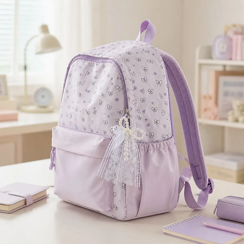 Stylish Large Capacity Student Schoolbag Bowknot Design Lightweight Preppy Knapsack Soft Nylon Student Bookbag For School