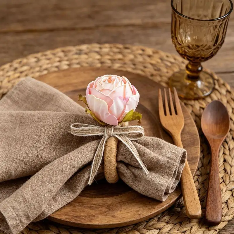 Napkin Rings Elegant Pink Rose Flower Handmade Burlap Twine for Christmas Family Gathering Table Decor