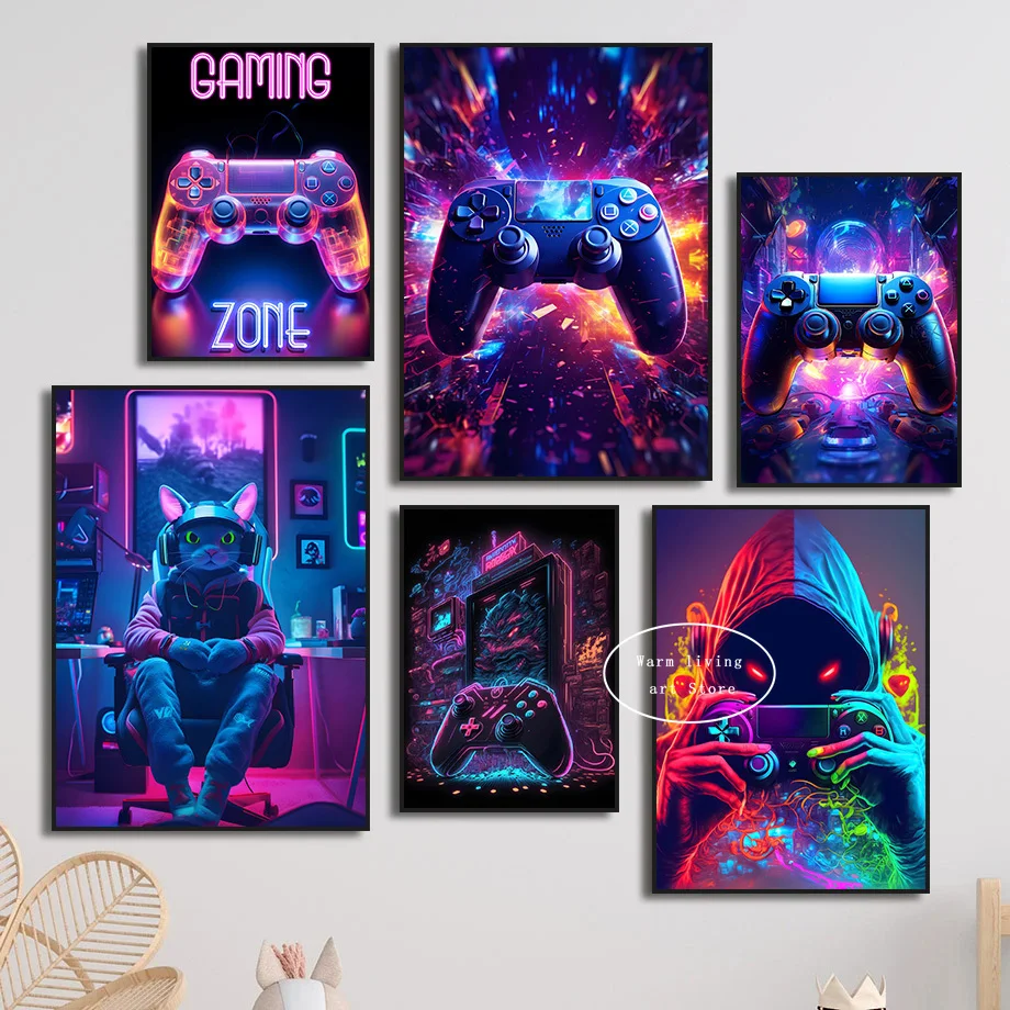 90s Colorful Neon Gamer Controller Canvas Poster Cute Cat Panda Esports Gaming Wall Art Painting for Kawaii Room Home Decor