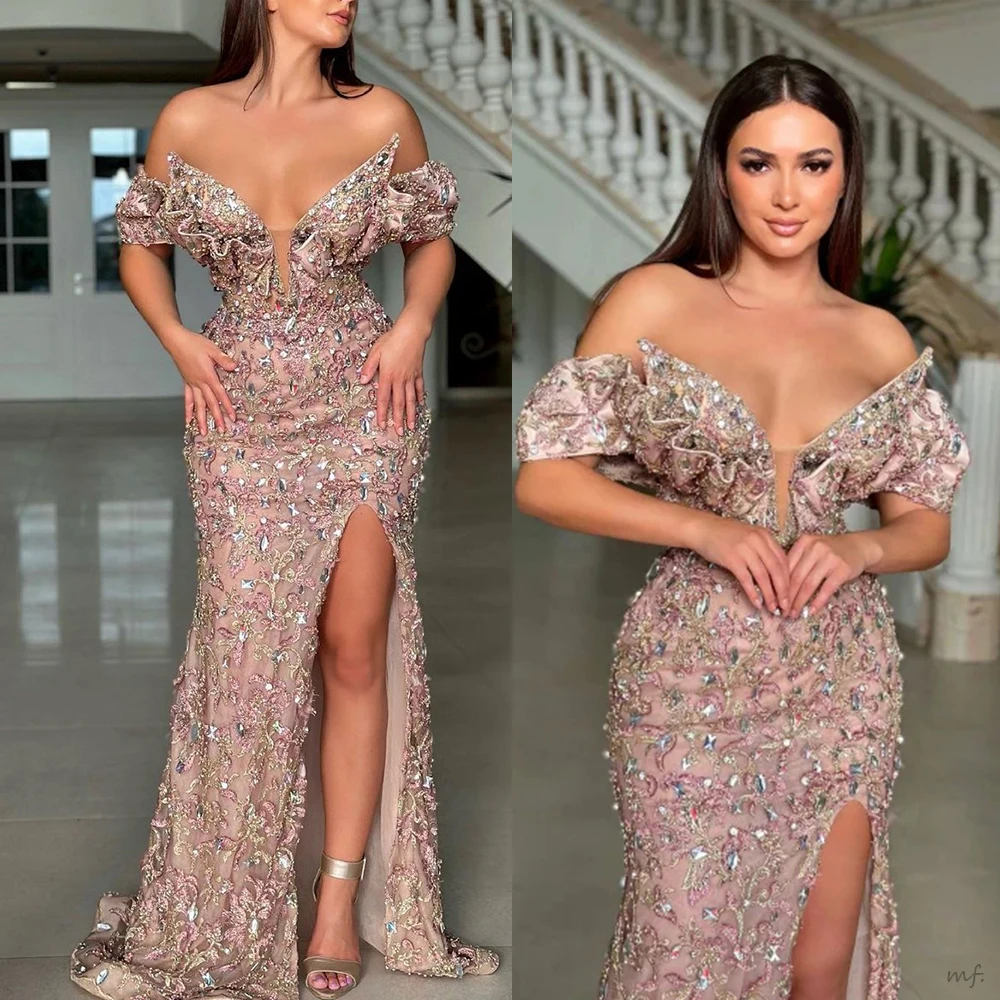 

Exquisite Prom Dress Sparkling Crystal High Split Beaded Off Shoulder Evening Party Gowns for Woman Special Occasion Customized
