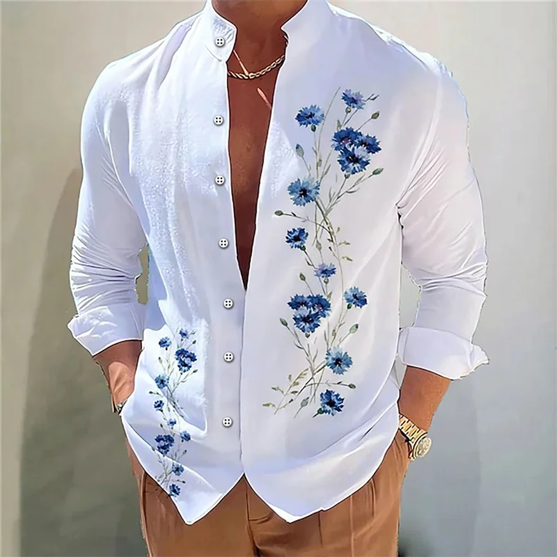 2024 men\'s shirt 3D printed casual daily outdoor street standing collar long sleeved shirt fashionable and comfortable