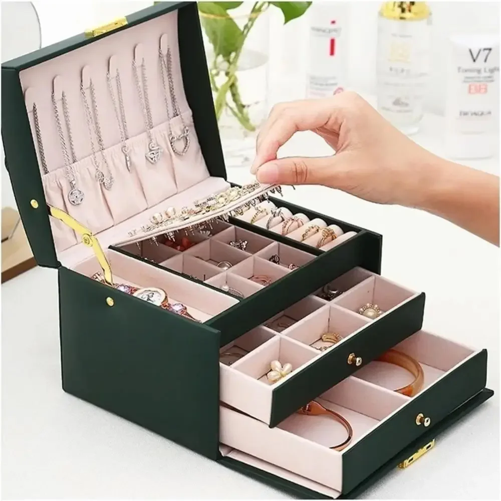 

Double Drawer Jewelry Box with Lock Velvet Ring Bracelet Earrings Jewelry Boxes Necklace Display Stand Jewelry Divider Organizer