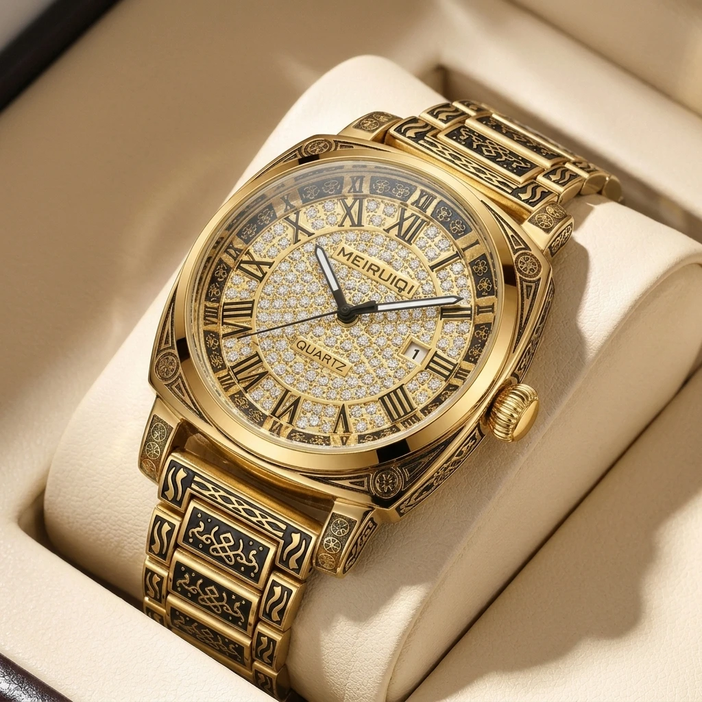 

1pcs Fashion Watch Shiny Dial Roman Numeral Markers Retro Pattern Case Exquisite Strap Square Design Quartz Movement Daily