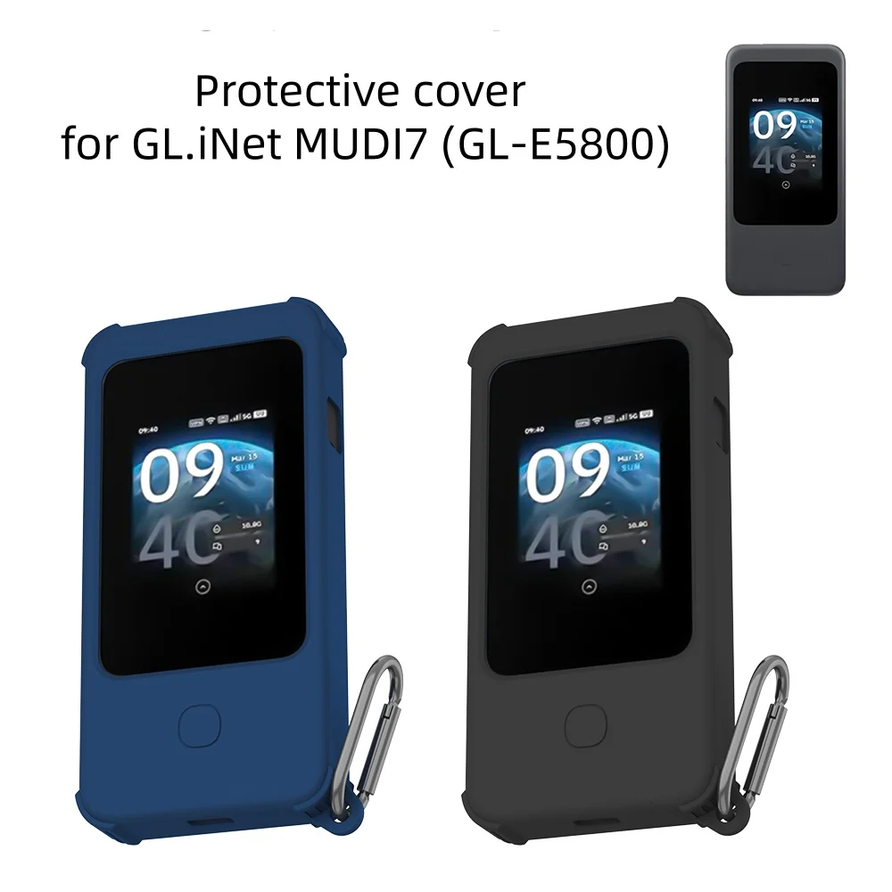 Silicone Protective Case for GL.iNet MUDI7 GL‑E5800 Travel Router Shock‑Proof Protective Cover with Hook Black Blue