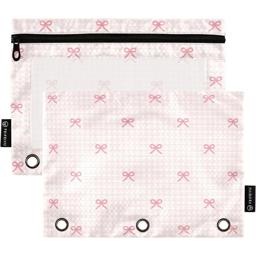 

Peil Pouch for 3 Ring Binder Pink Checkered and Bows 2 Pack Clear Window Peil Bags with Zipper Peil Case