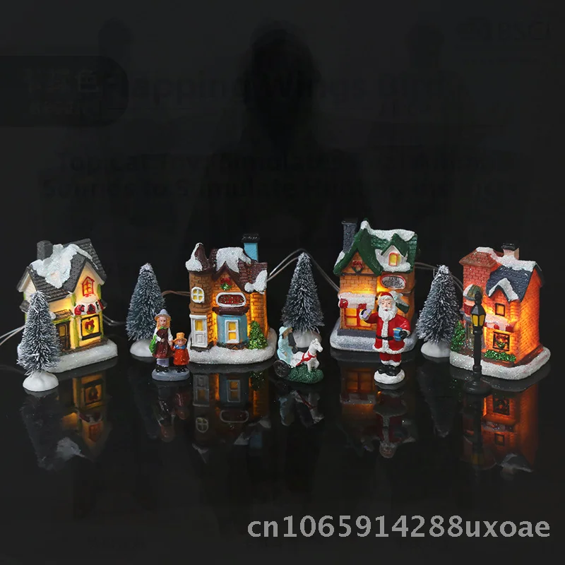 

Luminous Cabin LED Christmas Ornaments European Style Resin House Decorations Handcrafted Christmas Village Set Gift