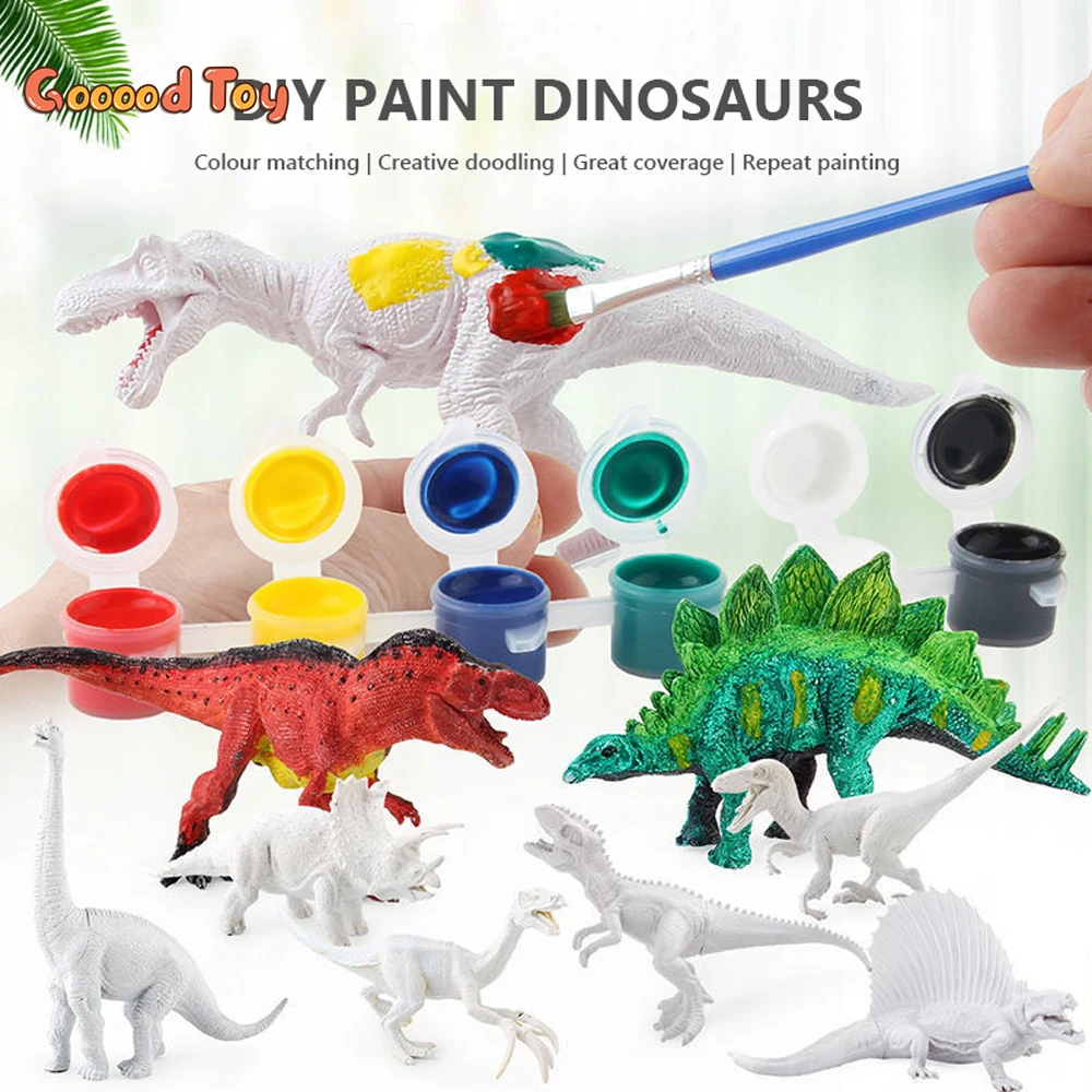 Set Lukisan Mainan Dinosaurus Kerajinan Dinosaurus untuk Anak-anak Set Seni Lukis untuk Anak-anak dengan 6 Cat Dinosaurus Kit Anda Sendiri Selama 3-7 Tahun