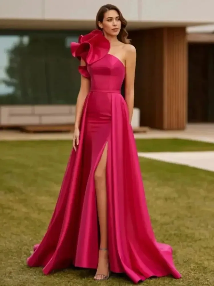 

Hot Pink Satin Evening Party Dress One Shoulder Ruffles Split Prom Formal Gowns Robe De Soiree Vestidos De Feast