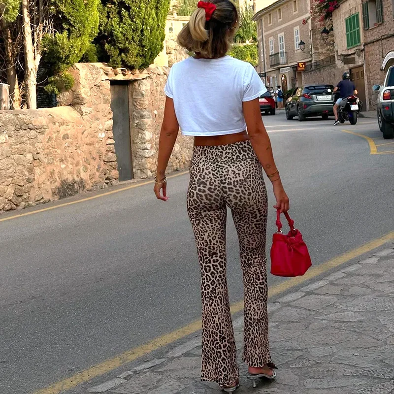 Fashion Leopard Print Sexy Slim Fit Pants 2024 Autumn Winter High Waist Stretch Flared Trousers Party Club Streetwear