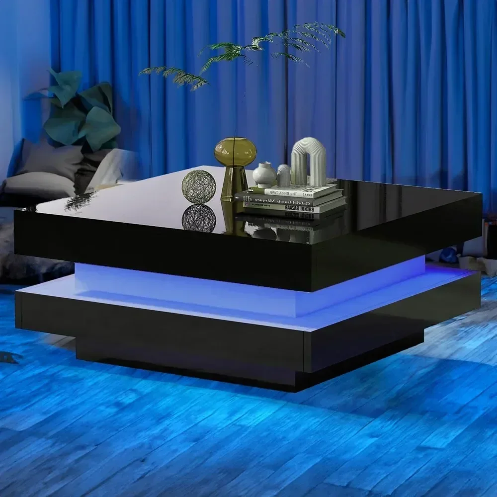 

Coffee Table LED, 2-Tier Modern Middle Center Table, Coffee Tables with 16-Color Plug-in Light, Cocktail Tea Table, Coffee Table