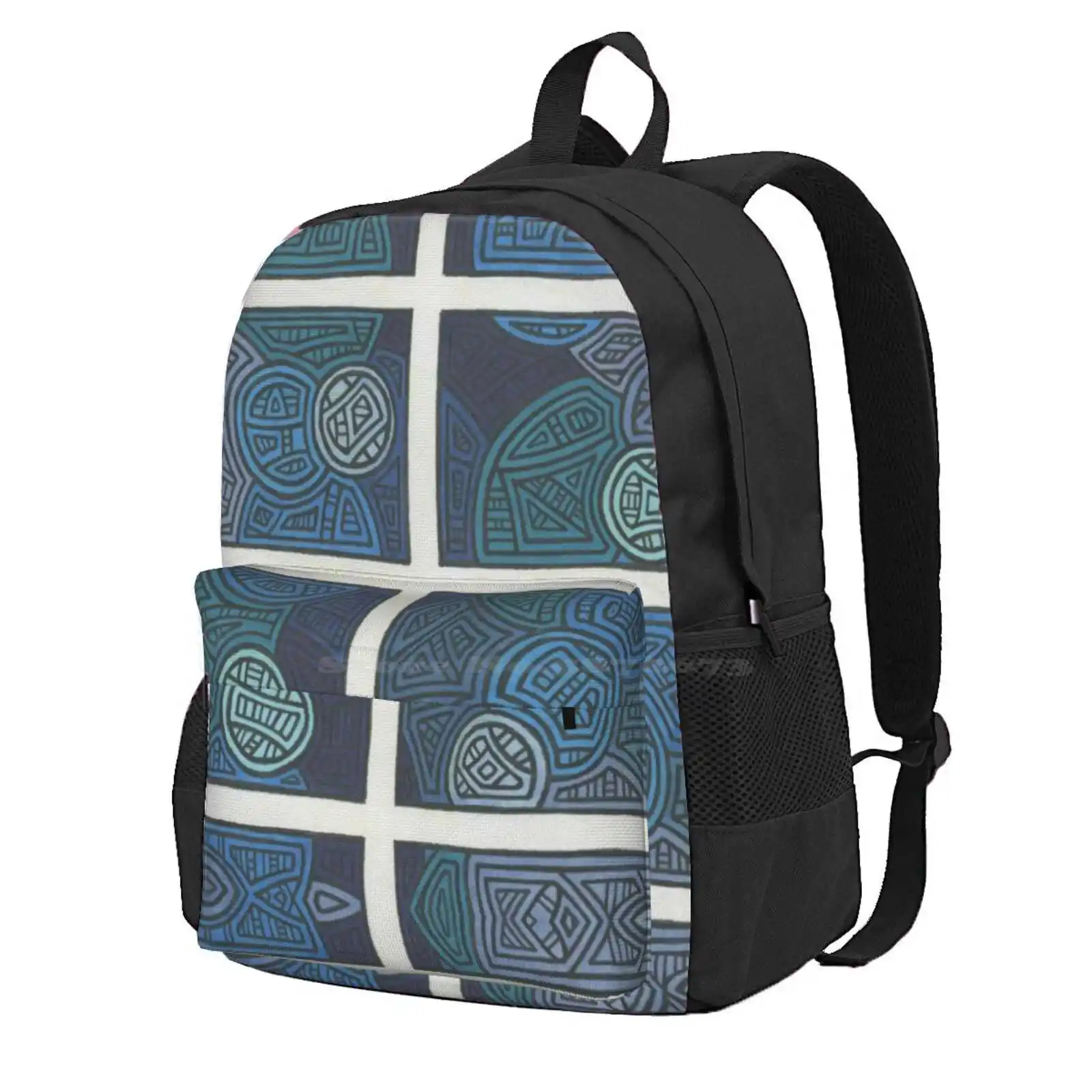 Panels Of Blue Circles Hot Sale Schoolbag Backpack Fashion Bags Blue Circle Rectangle Square Panes