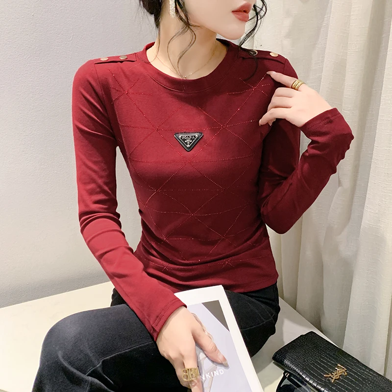 T-shirt autunno inverno stile coreano nero Chic Sexy diamanti lucidi top da donna manica lunga foratura magliette fatte a mano calde nuovo 471710