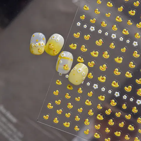 1 feuille d'autocollants pour ongles en gelée, accessoires Kawaii, motif canard jaune et œuf poché, décorations pour nail art, auto-adhésifs pour manucure
