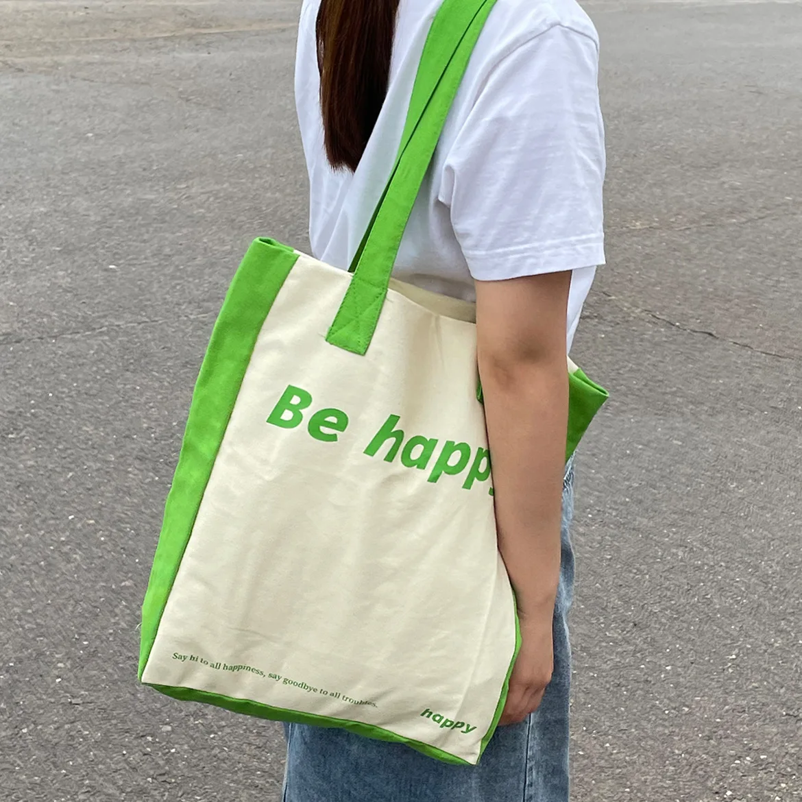 Borsa per ragazze estate nuova borsa a tracolla ad alta capacità in tela "be Happy" borsa per la spesa Bookbag All-match