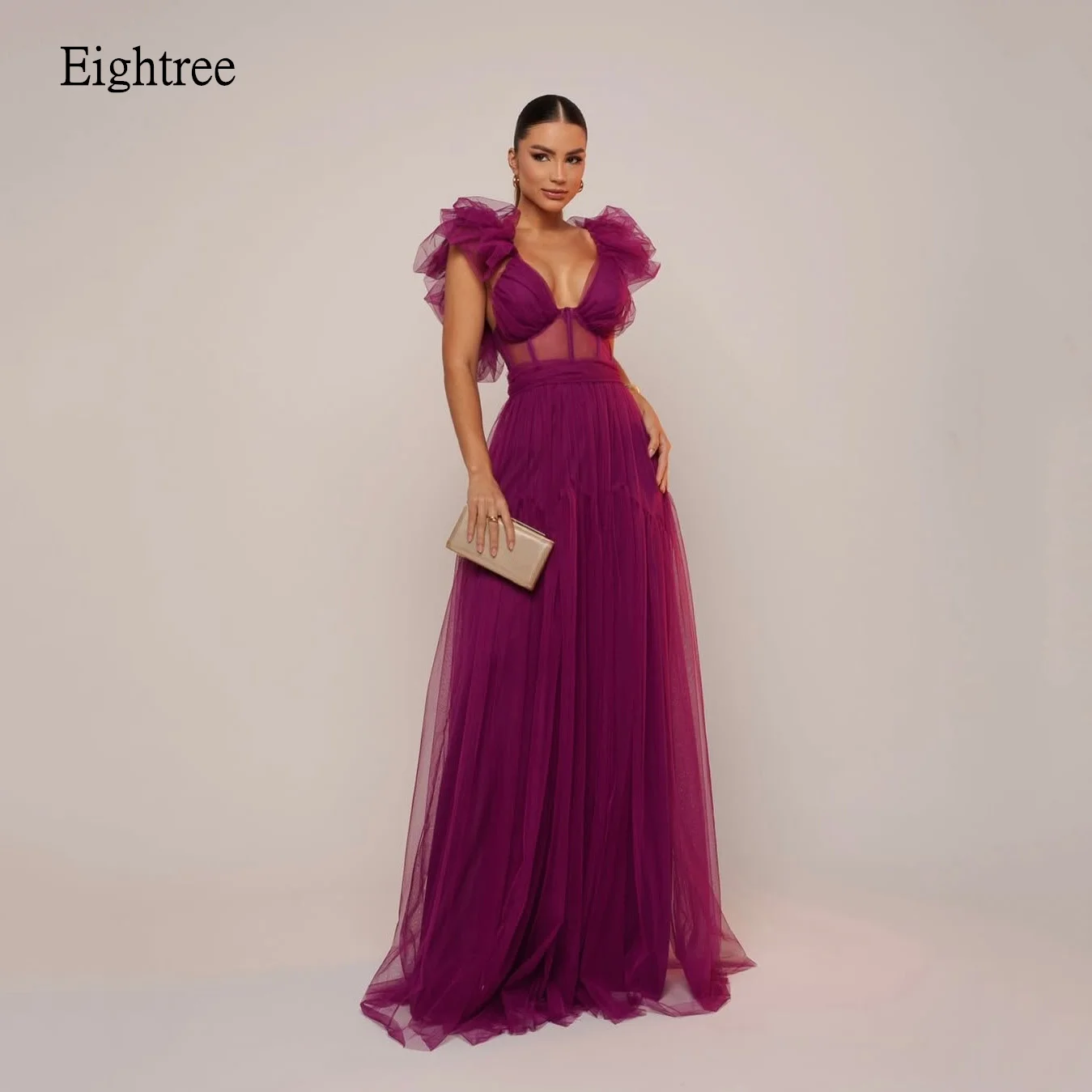 

Eightree Pastrol A Line Prom Dresses V Neck Tulle Strap Party Gowns Floor Length Princess Dress Gown Customized