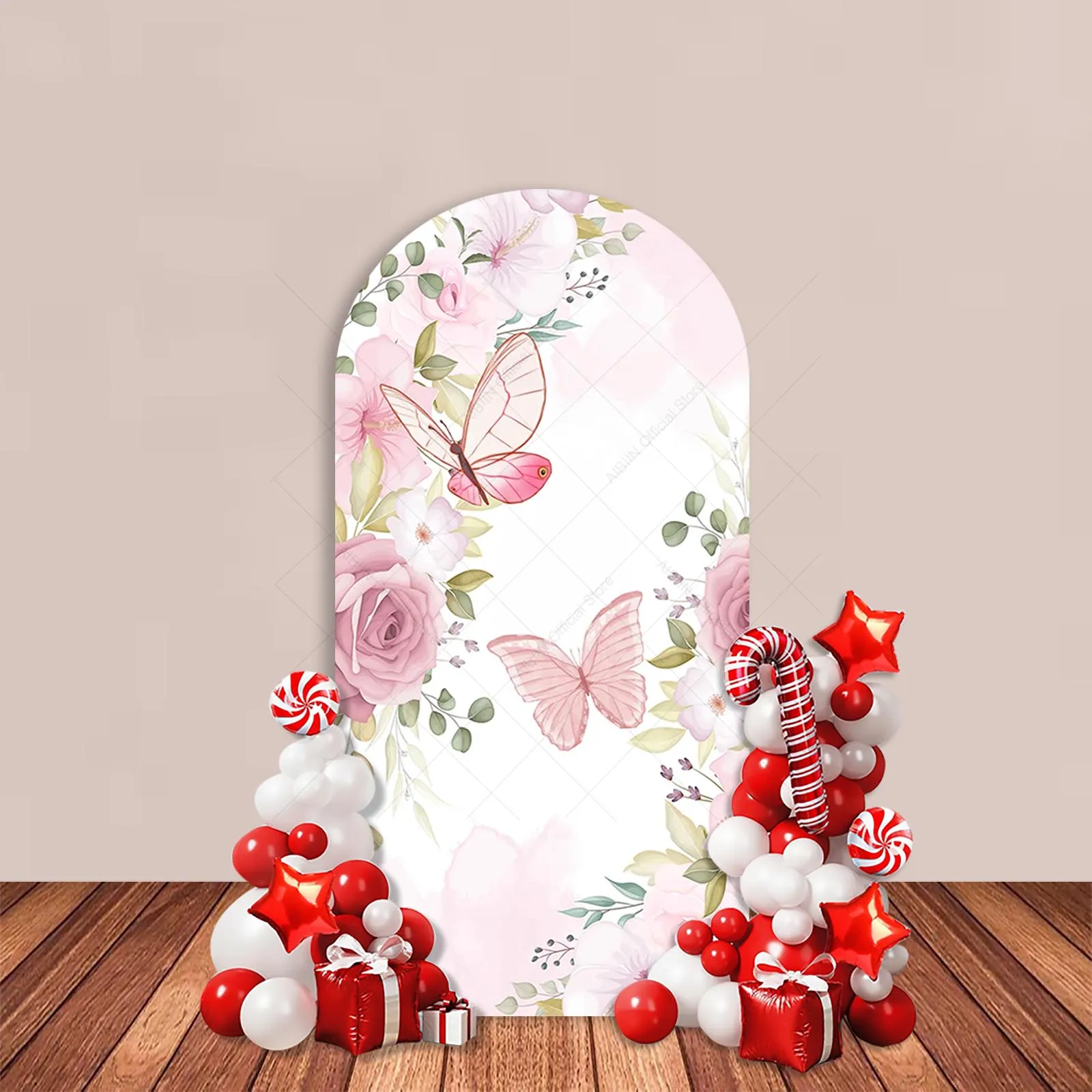 Pink Floral Arch Backdrop Cover Butterfly Girl Birthday Baby Shower Party Decoration Cake Smash Portrait Photozone Background